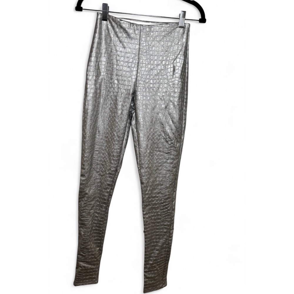 Naked Wardrobe Silver Metallic Croc Embossed High Waist Leggings Womens Small